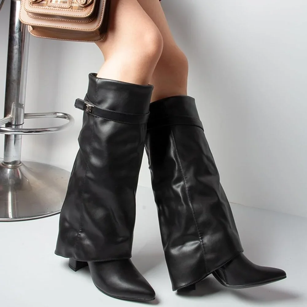 Women's Black Knee High Fold Over Wide Calf Pointed Toe Chunky Heel Boot